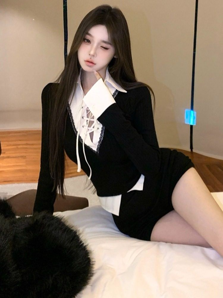 Collared Lace-Up Long Sleeve Top