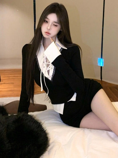 Collared Lace-Up Long Sleeve Top