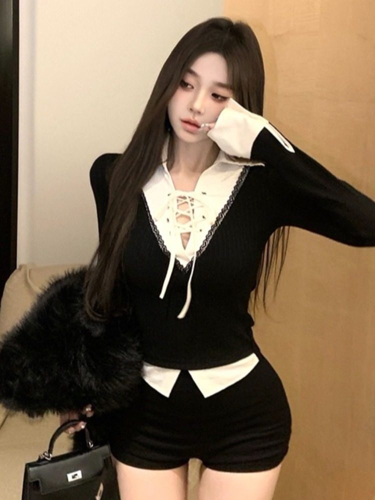 Collared Lace-Up Long Sleeve Top