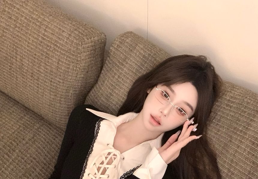 Collared Lace-Up Long Sleeve Top