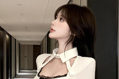 Necktie Cutout Lace Trim Long Sleeve Blouse