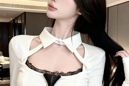 Necktie Cutout Lace Trim Long Sleeve Blouse