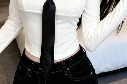 Necktie Cutout Lace Trim Long Sleeve Blouse