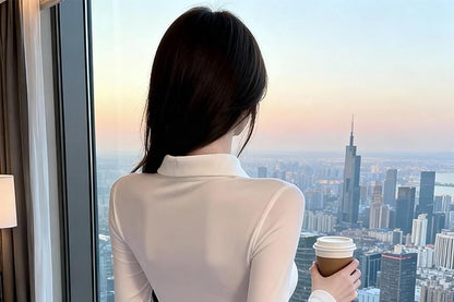 Necktie Cutout Lace Trim Long Sleeve Blouse