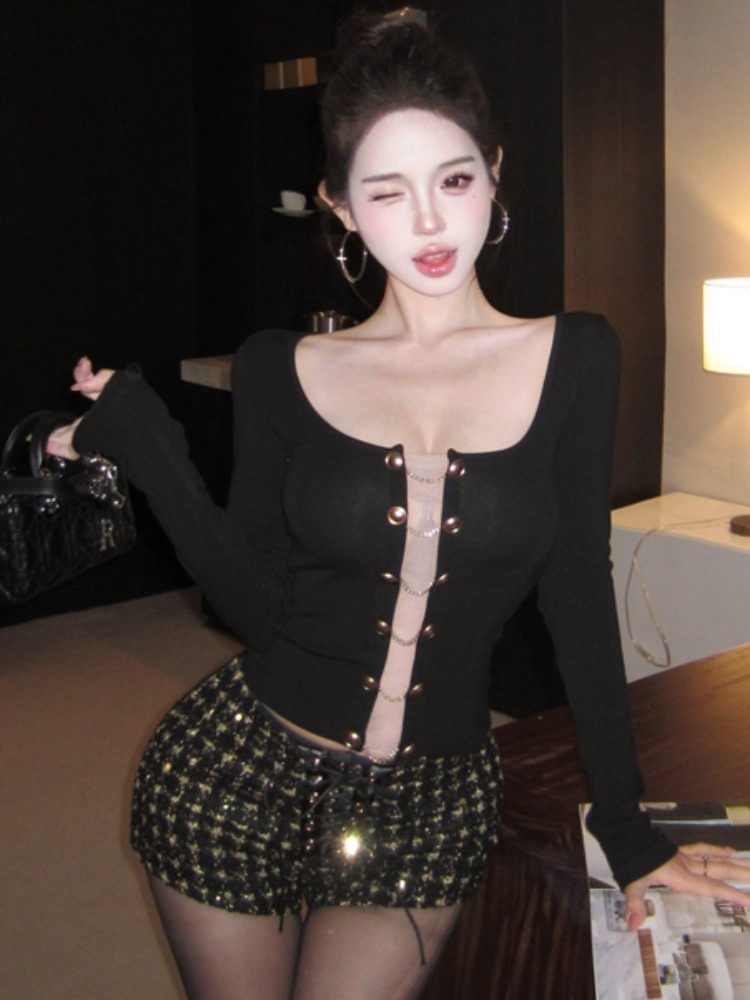 Double-Breasted Mesh Top and Sequin Tweed Shorts