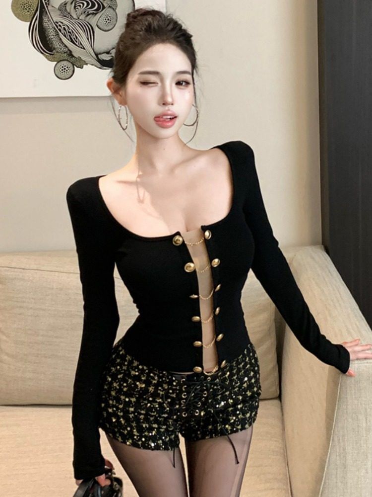 Double-Breasted Mesh Top and Sequin Tweed Shorts