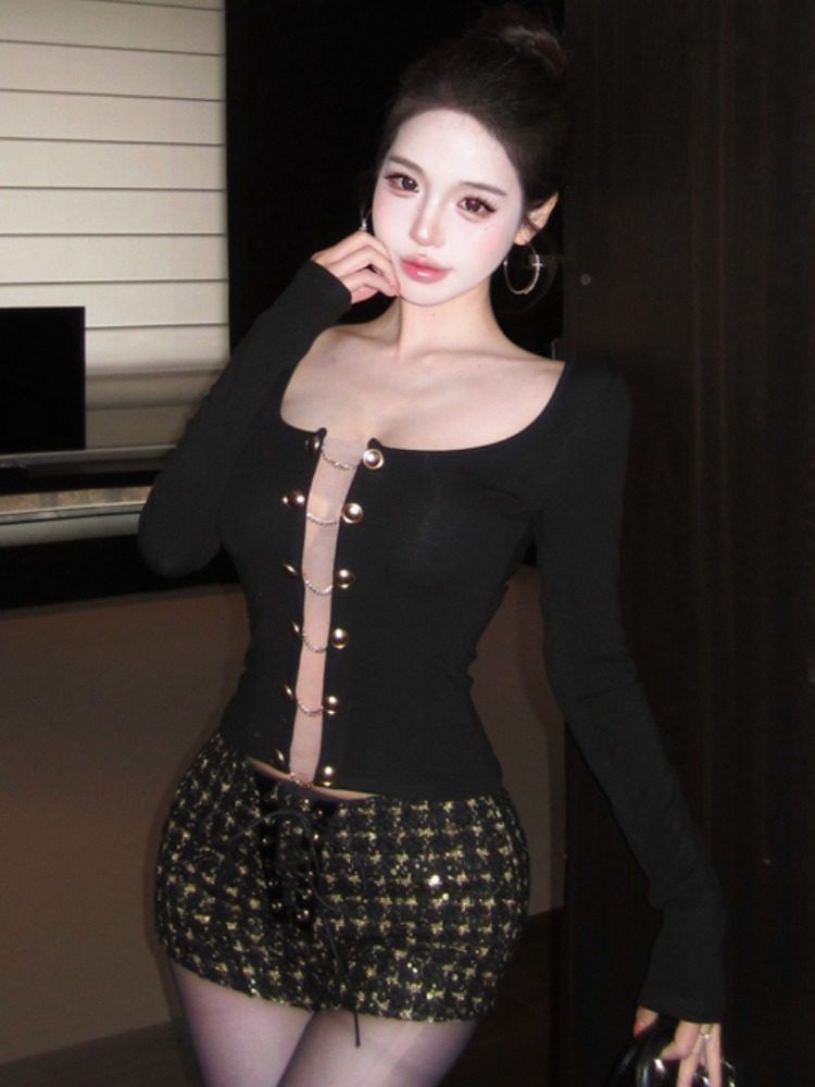 Double-Breasted Mesh Top and Sequin Tweed Shorts