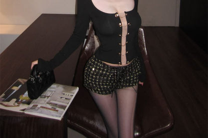 Double-Breasted Mesh Top and Sequin Tweed Shorts