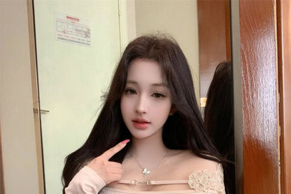 Off Shoulder Lace Panel Long Sleeve Top