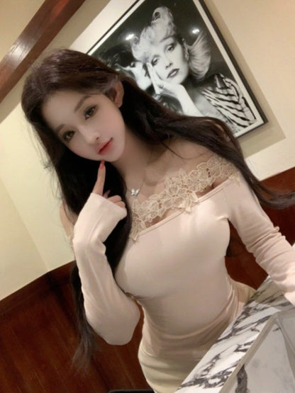 Off Shoulder Lace Panel Long Sleeve Top