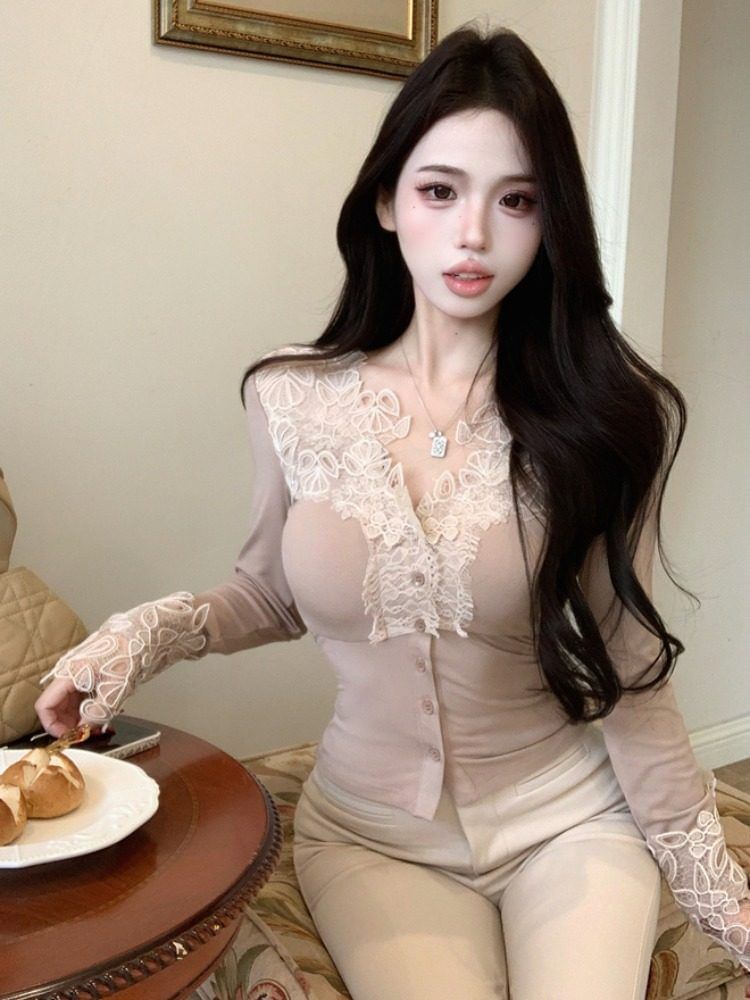 Lace Panel V-Neck Button Top with Long Sleeves