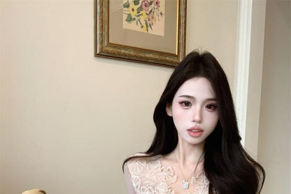Lace Panel V-Neck Button Top with Long Sleeves