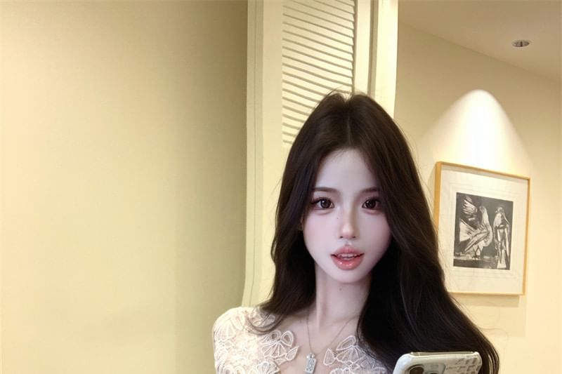 Lace Panel V-Neck Button Top with Long Sleeves