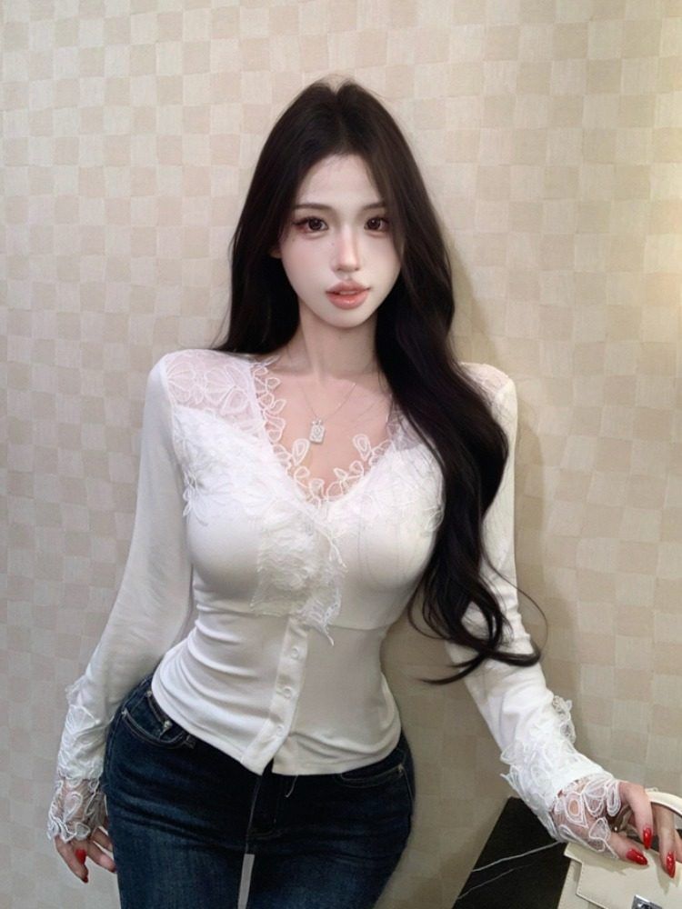 Lace Panel V-Neck Button Top with Long Sleeves