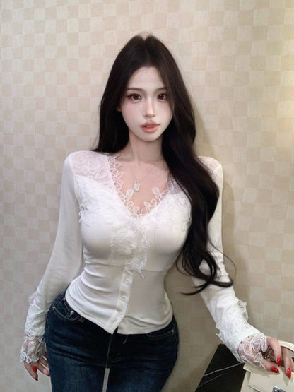 Lace Panel V-Neck Button Top with Long Sleeves