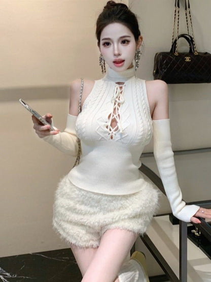 Cutout Turtleneck Knit Top with Arm Warmers Set