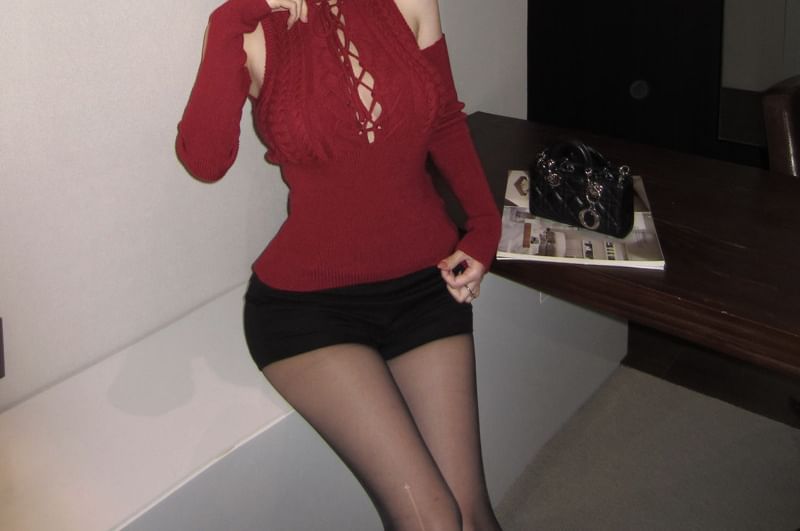 Cutout Turtleneck Knit Top with Arm Warmers Set