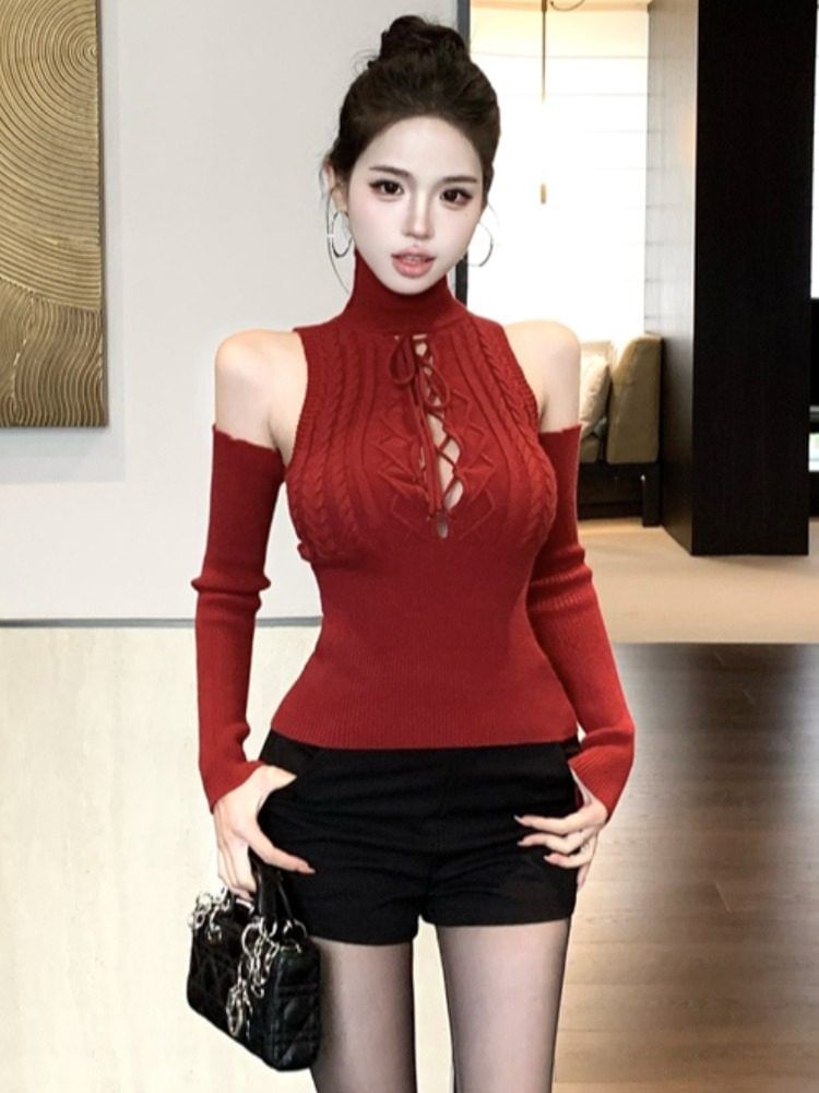 Cutout Turtleneck Knit Top with Arm Warmers Set
