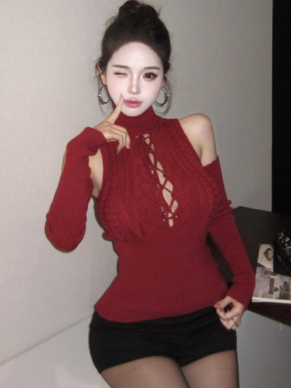 Cutout Turtleneck Knit Top with Arm Warmers Set