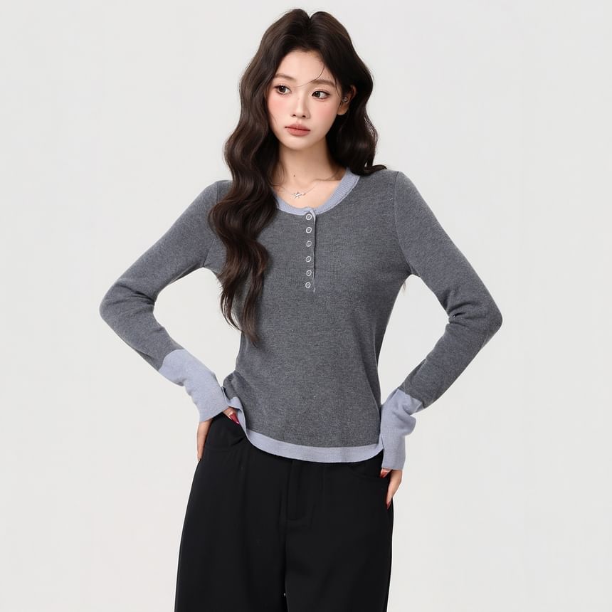 Two-Tone Henley Long-Sleeve Top