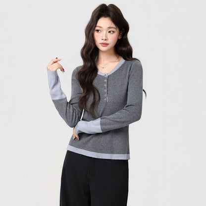 Two-Tone Henley Long-Sleeve Top