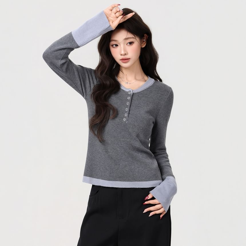 Two-Tone Henley Long-Sleeve Top