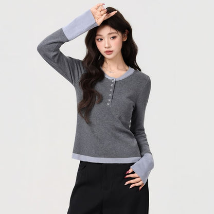Two-Tone Henley Long-Sleeve Top