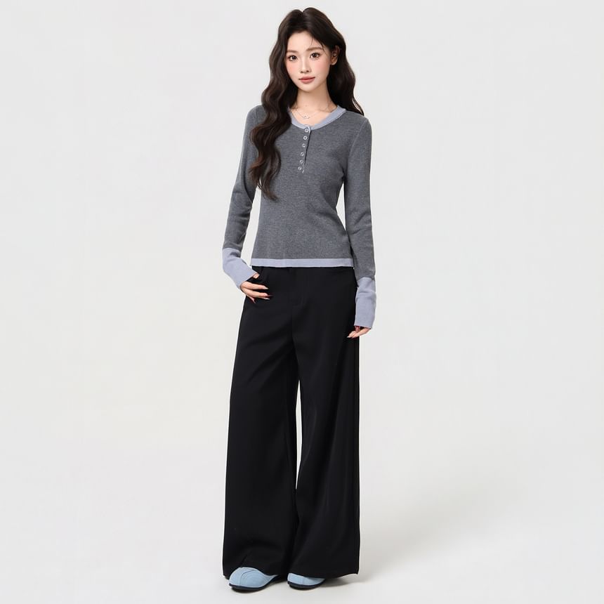 Two-Tone Henley Long-Sleeve Top