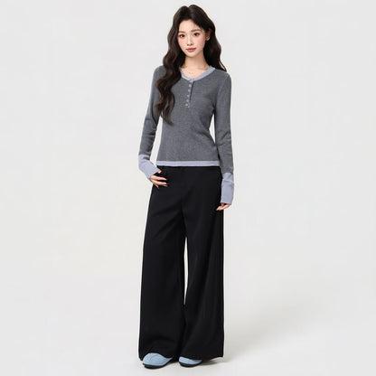Two-Tone Henley Long-Sleeve Top