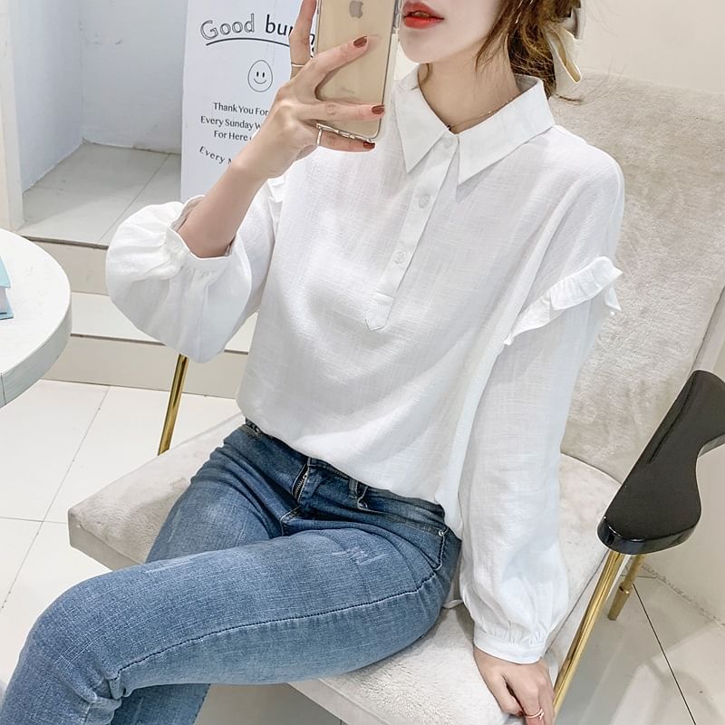 Frill-Trim Long-Sleeve Blouse