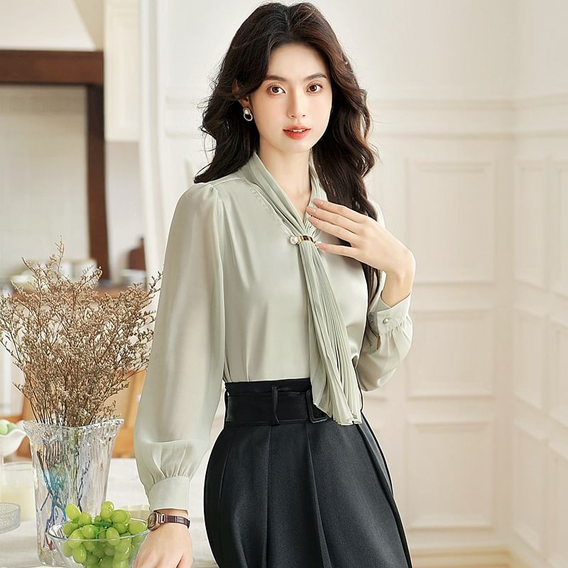 Scarfed Long-Sleeve Blouse