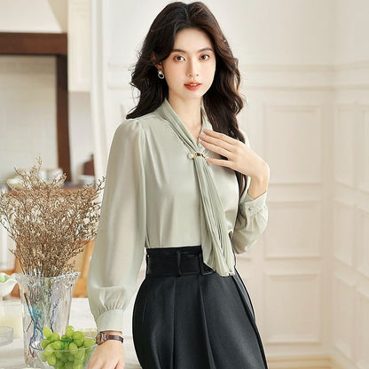 Scarfed Long-Sleeve Blouse