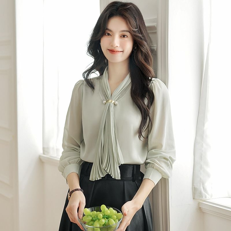 Scarfed Long-Sleeve Blouse