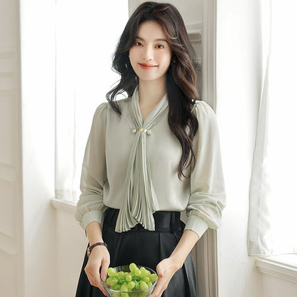 Scarfed Long-Sleeve Blouse