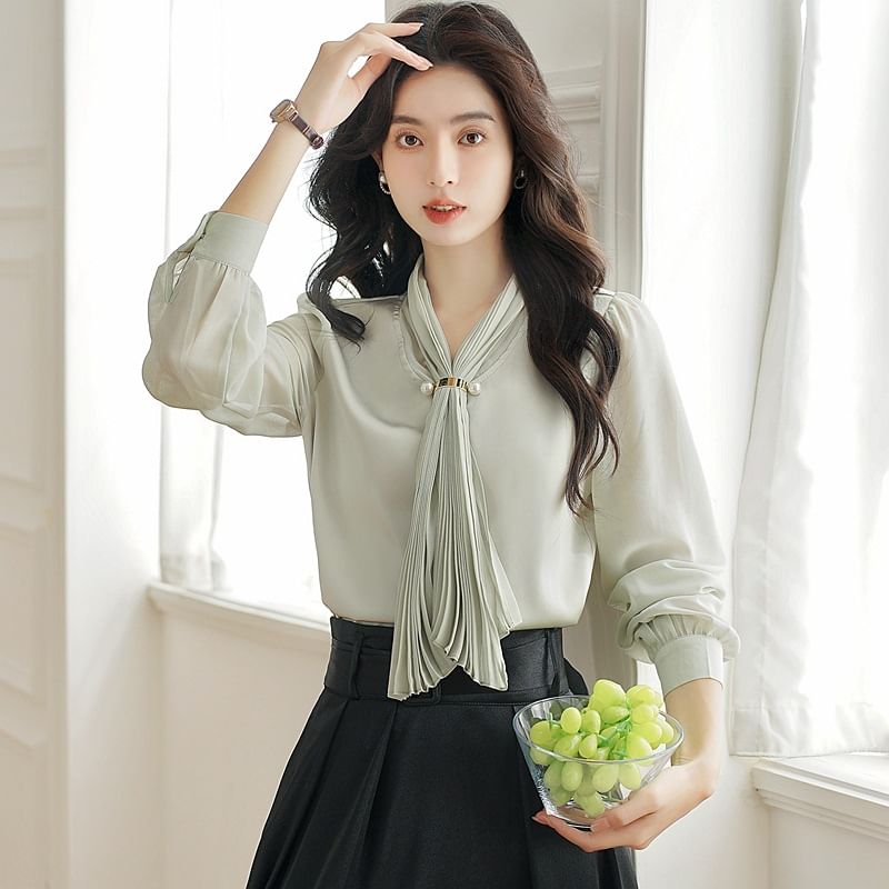 Scarfed Long-Sleeve Blouse