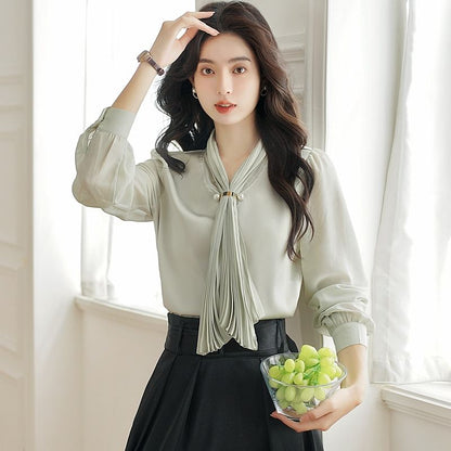 Scarfed Long-Sleeve Blouse