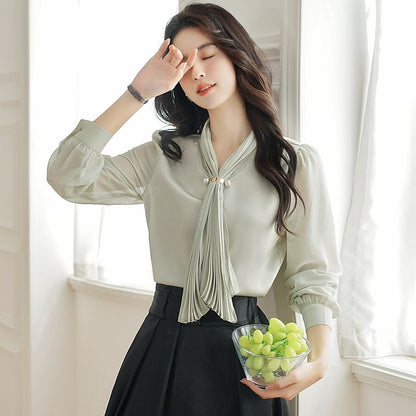 Scarfed Long-Sleeve Blouse