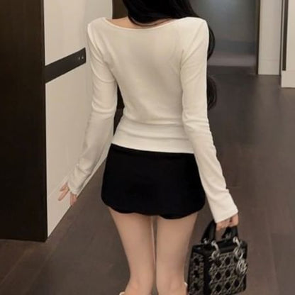 Lace Panel Square Neck Long Sleeve Tee