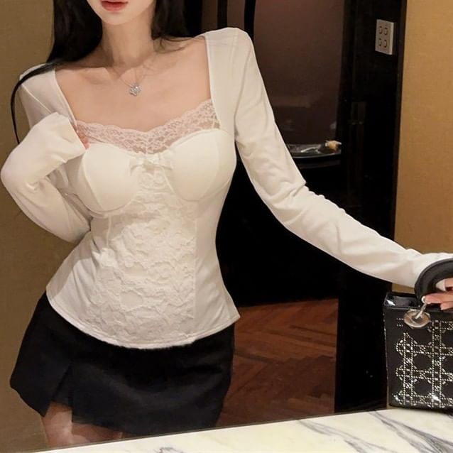 Lace Panel Square Neck Long Sleeve Tee
