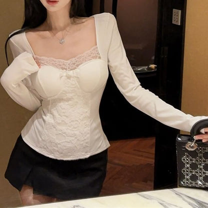 Lace Panel Square Neck Long Sleeve Tee