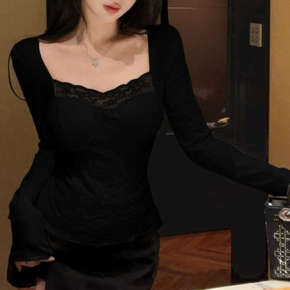 Lace Panel Square Neck Long Sleeve Tee