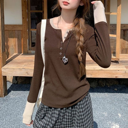 Round Neck Long Sleeve Tee with Mock Layer