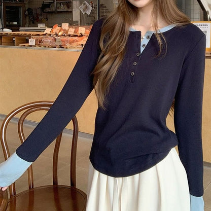 Round Neck Long Sleeve Tee with Mock Layer