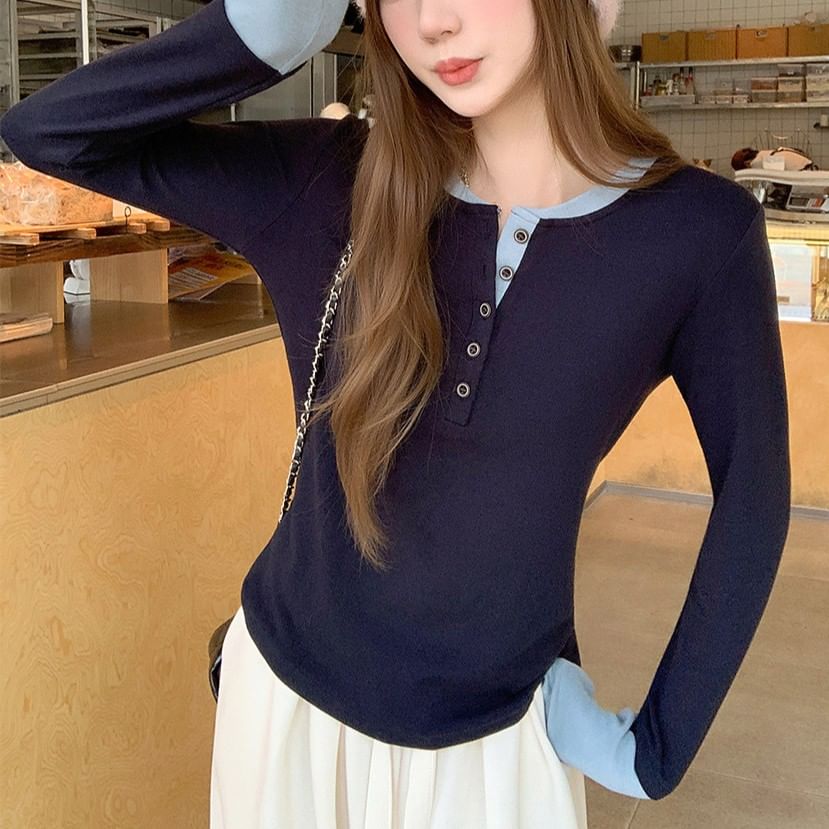 Round Neck Long Sleeve Tee with Mock Layer