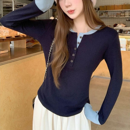 Round Neck Long Sleeve Tee with Mock Layer