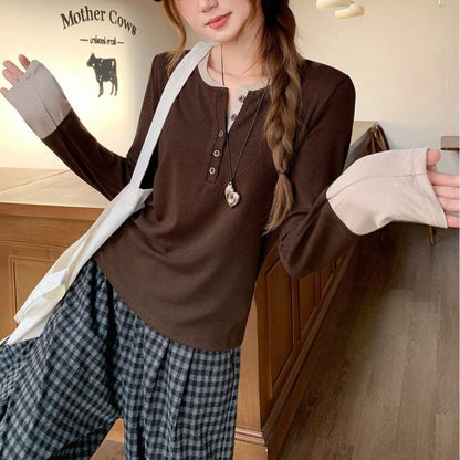 Round Neck Long Sleeve Tee with Mock Layer