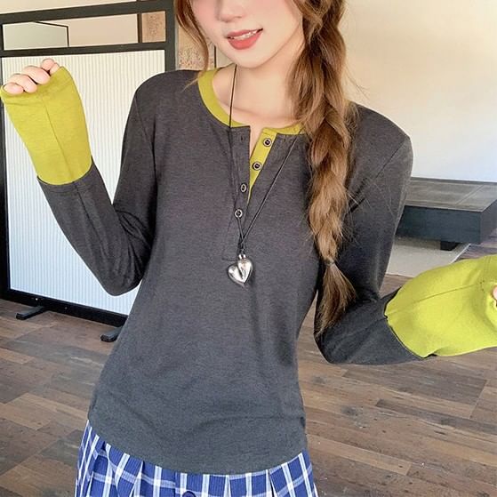 Round Neck Long Sleeve Tee with Mock Layer