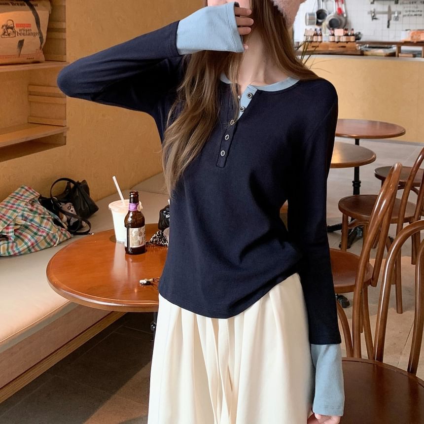 Round Neck Long Sleeve Tee with Mock Layer