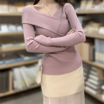 Ribbed Knit Wrap V-Neck Long Sleeve Top
