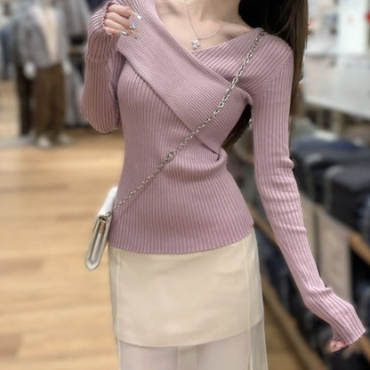 Ribbed Knit Wrap V-Neck Long Sleeve Top